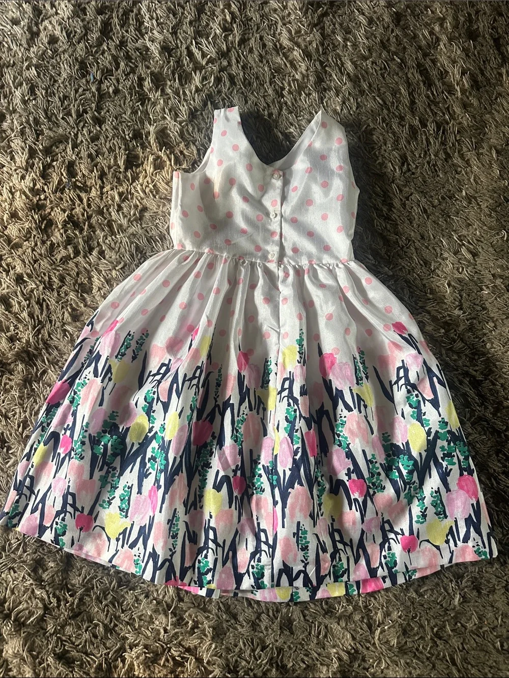 Gymboree White Dress with Pink Polka Dot Bodice and Multicolor Floral Skirt